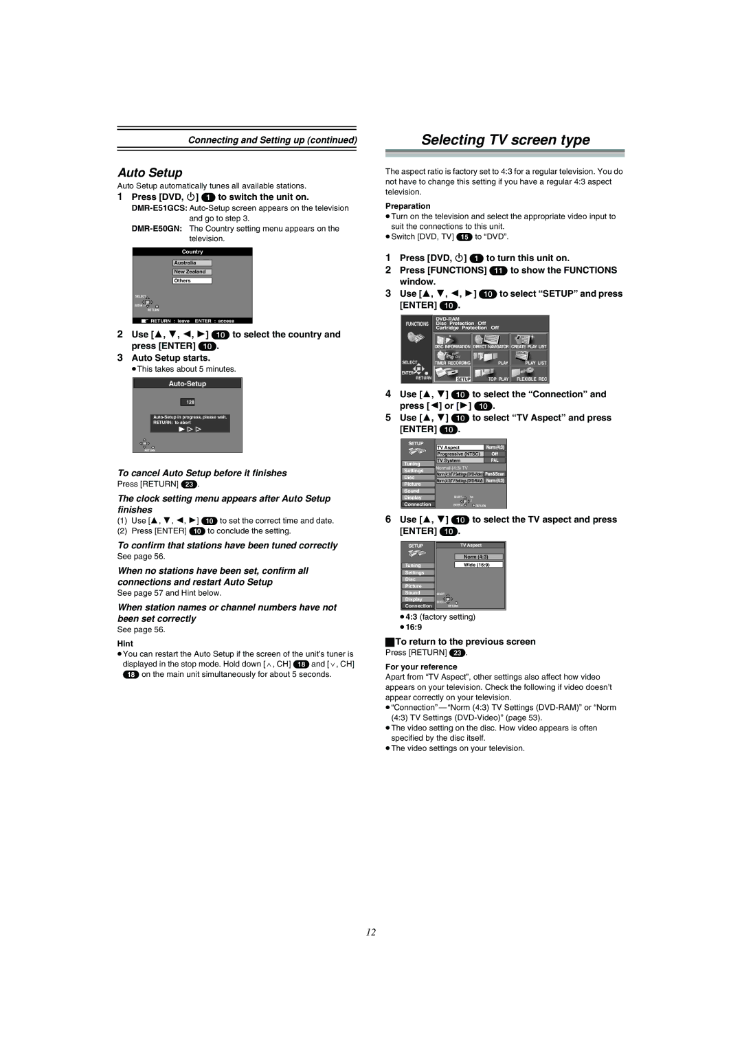 Panasonic DMR-E51 manual Selecting TV screen type, To cancel Auto Setup before it finishes 