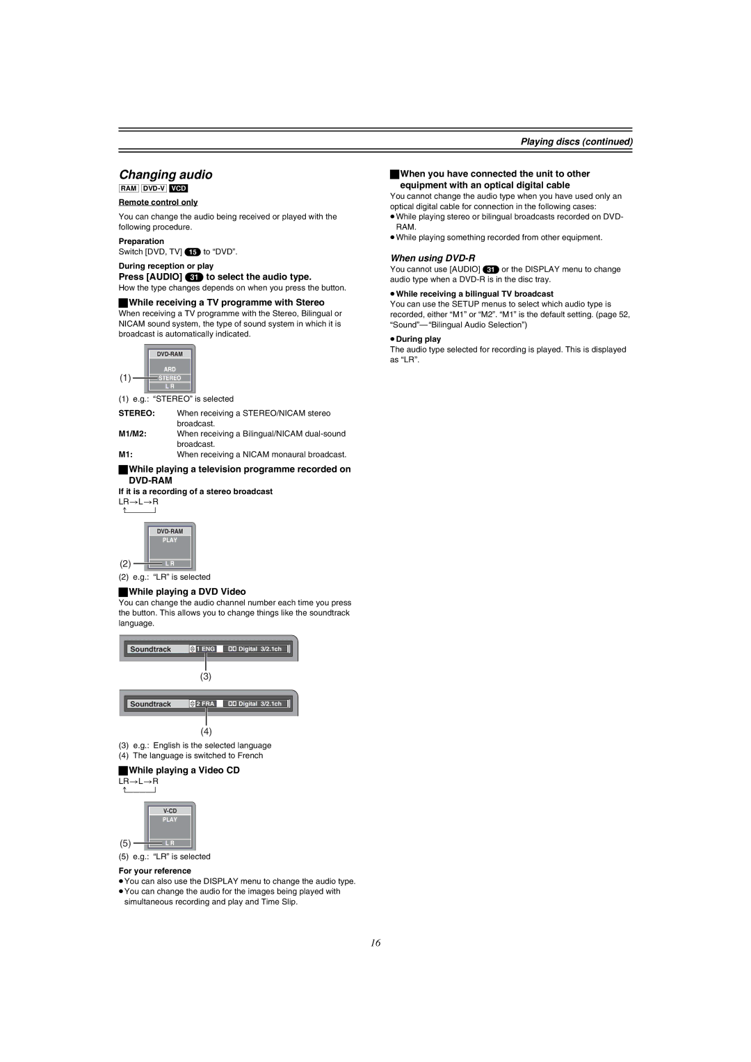 Panasonic DMR-E51 manual Changing audio, When using DVD-R 