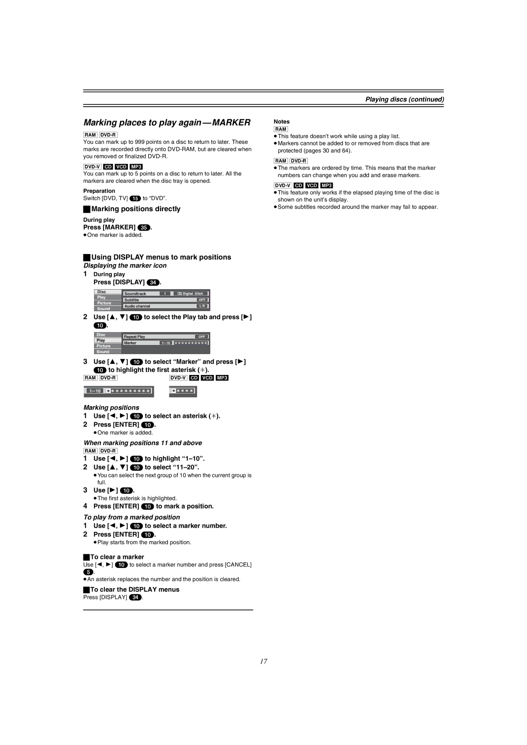 Panasonic DMR-E51 Marking places to play again Marker, Marking positions directly, Using Display menus to mark positions 