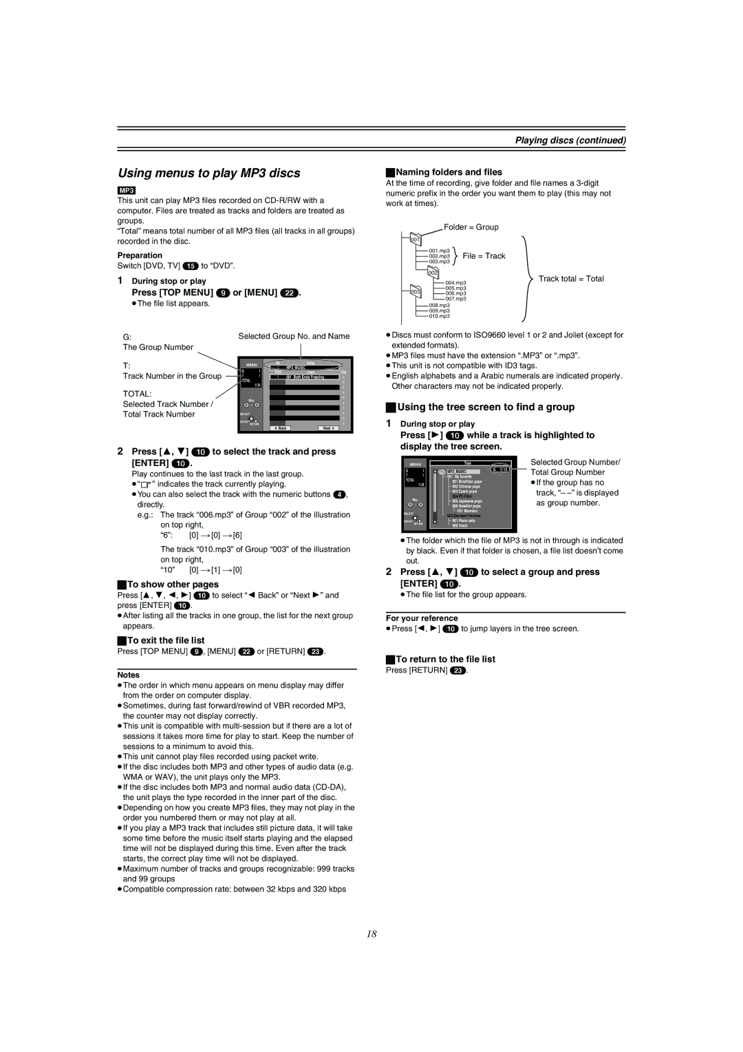 Panasonic DMR-E51 manual Using menus to play MP3 discs, Using the tree screen to find a group 