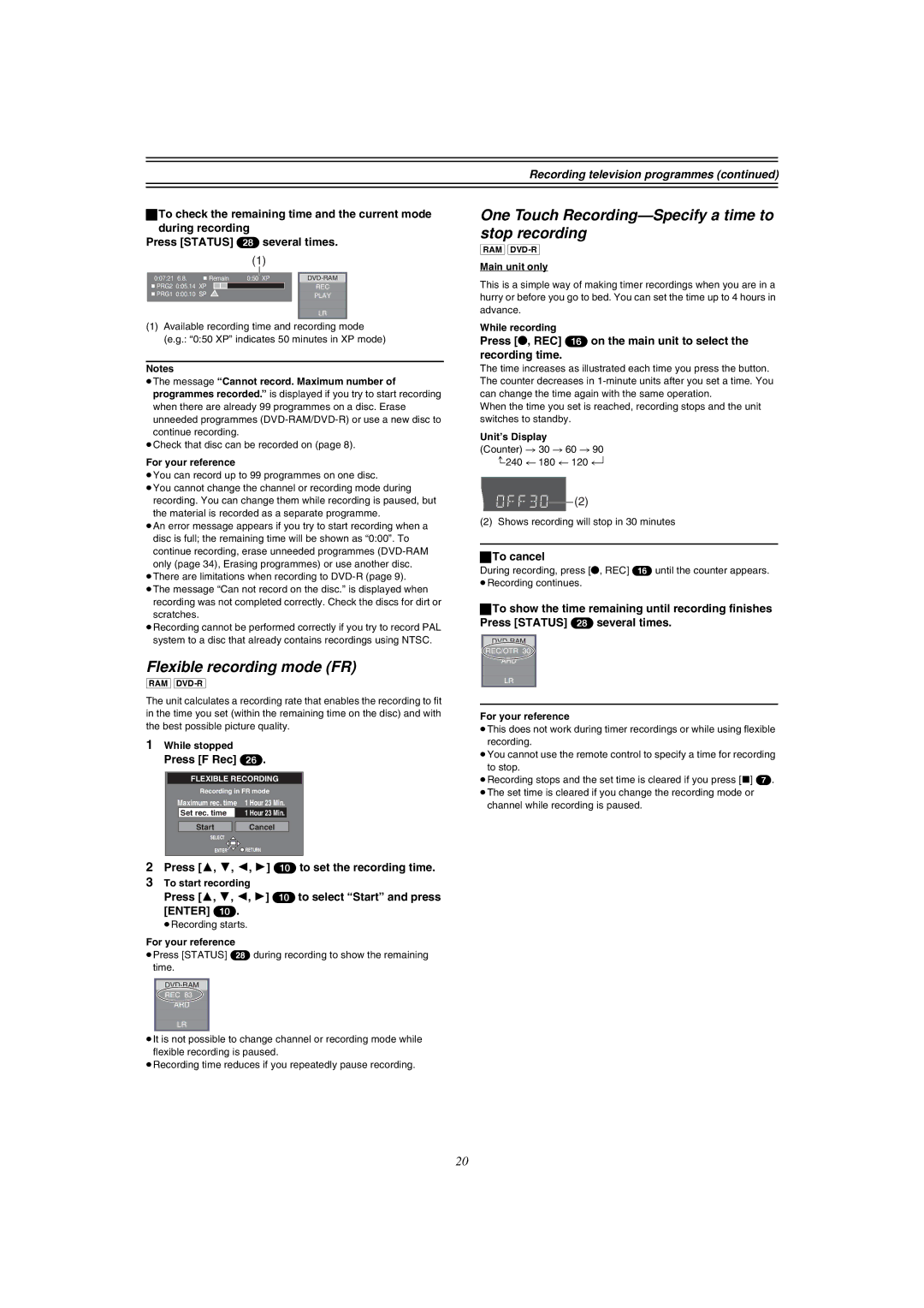 Panasonic DMR-E51 manual One Touch Recording-Specify a time to stop recording, Flexible recording mode FR 