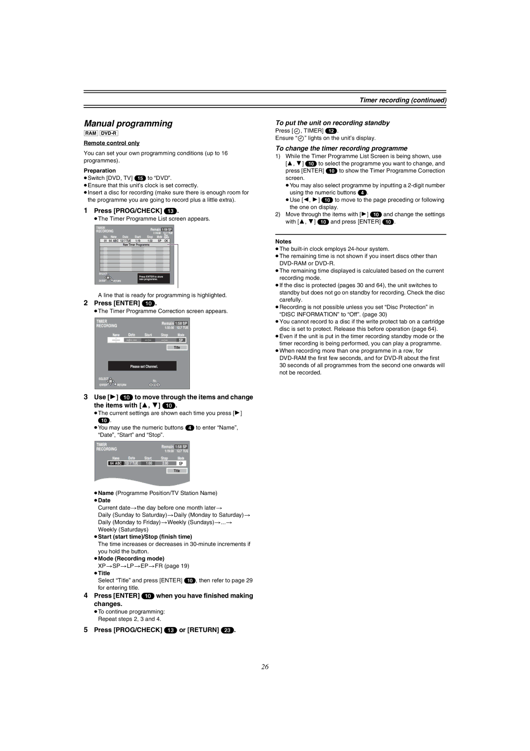 Panasonic DMR-E51 manual Manual programming, To put the unit on recording standby, To change the timer recording programme 