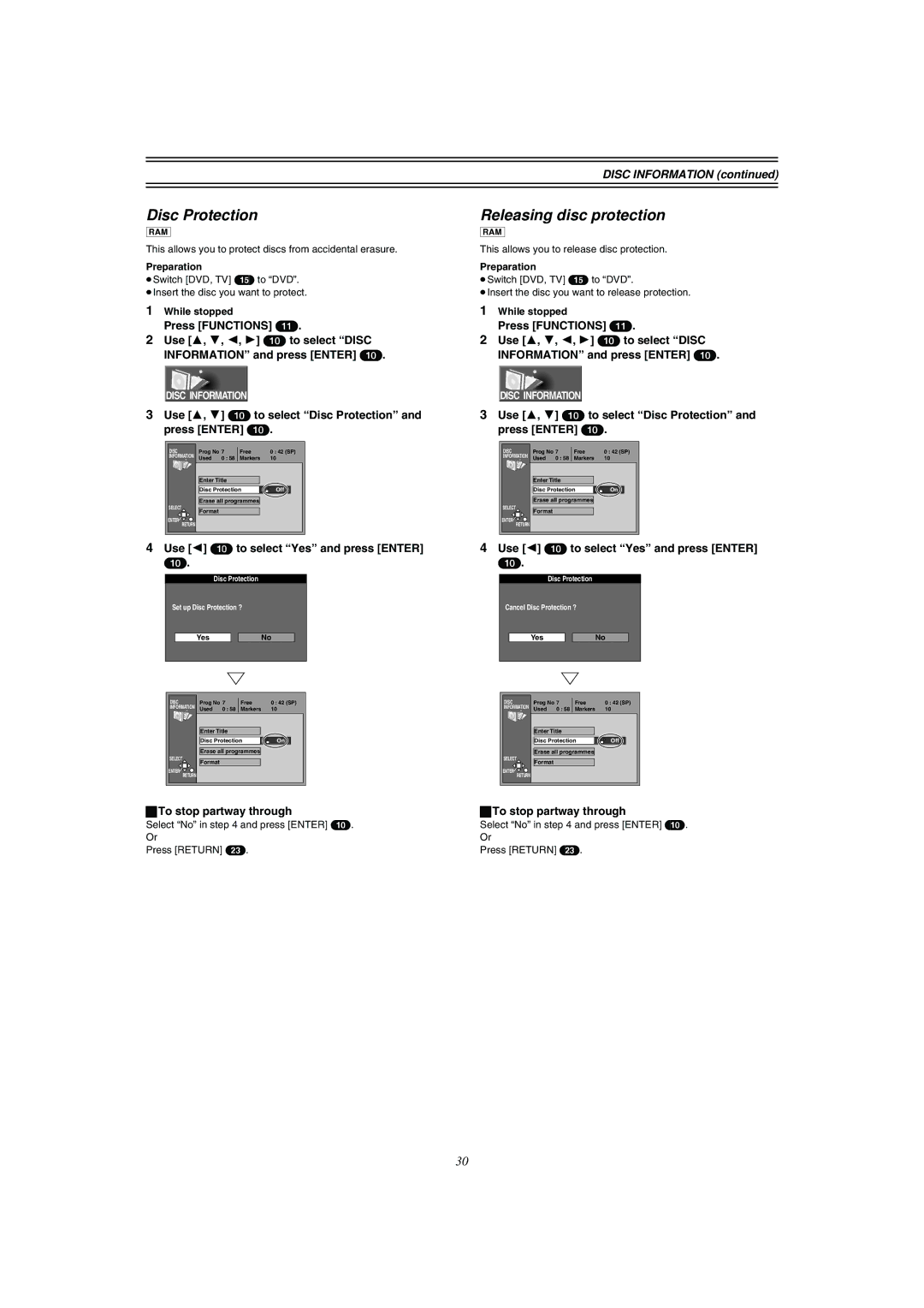 Panasonic DMR-E51 Disc Protection, Releasing disc protection, Disc Information, Use 2 10 to select Yes and press Enter 