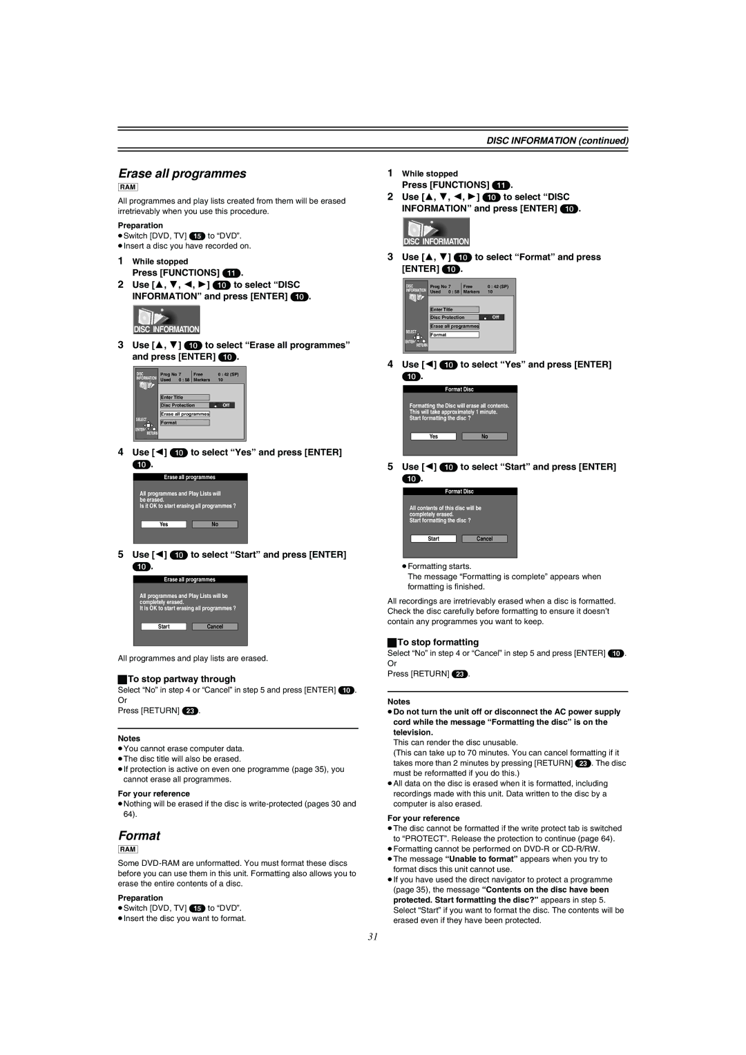 Panasonic DMR-E51 manual Erase all programmes, Format 