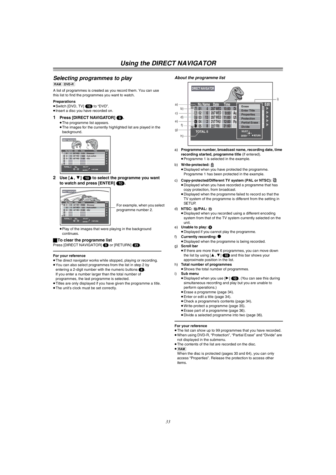 Panasonic DMR-E51 manual Using the Direct Navigator, Selecting programmes to play, Dinosaur, About the programme list 