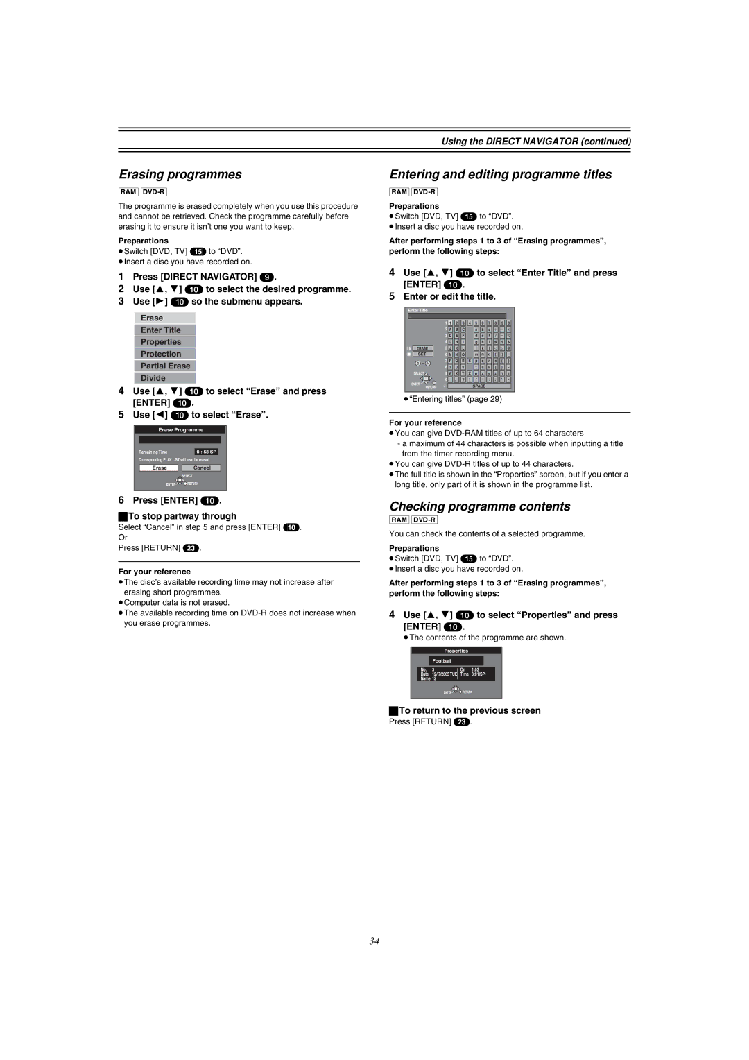 Panasonic DMR-E51 manual Erasing programmes, Entering and editing programme titles, Checking programme contents 