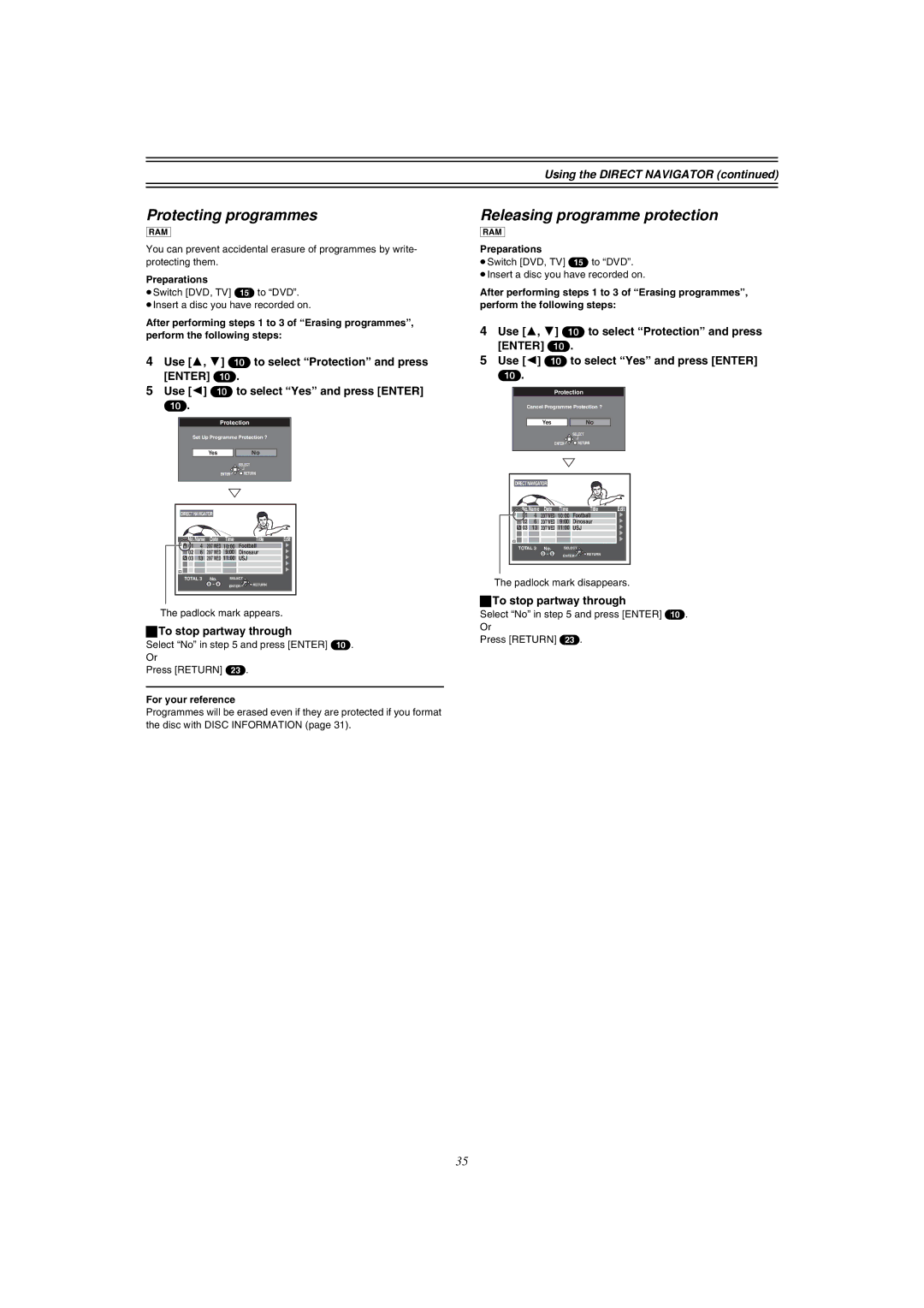 Panasonic DMR-E51 Protecting programmes, Releasing programme protection, Padlock mark appears, Padlock mark disappears 