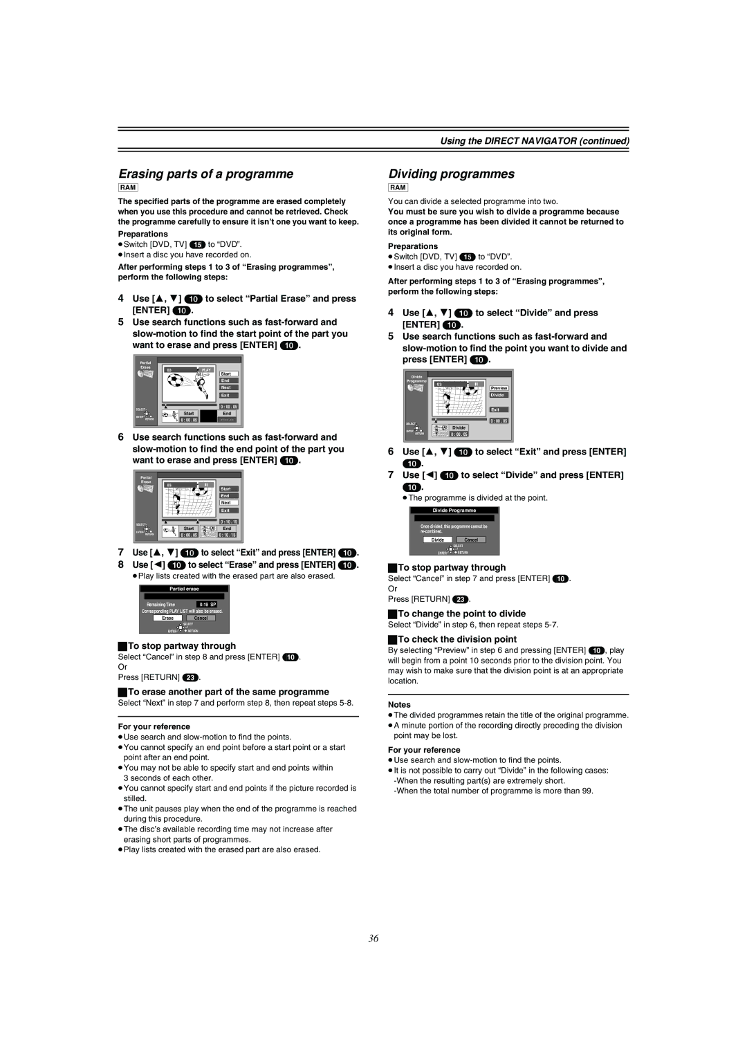 Panasonic DMR-E51 manual Erasing parts of a programme, Dividing programmes, To erase another part of the same programme 