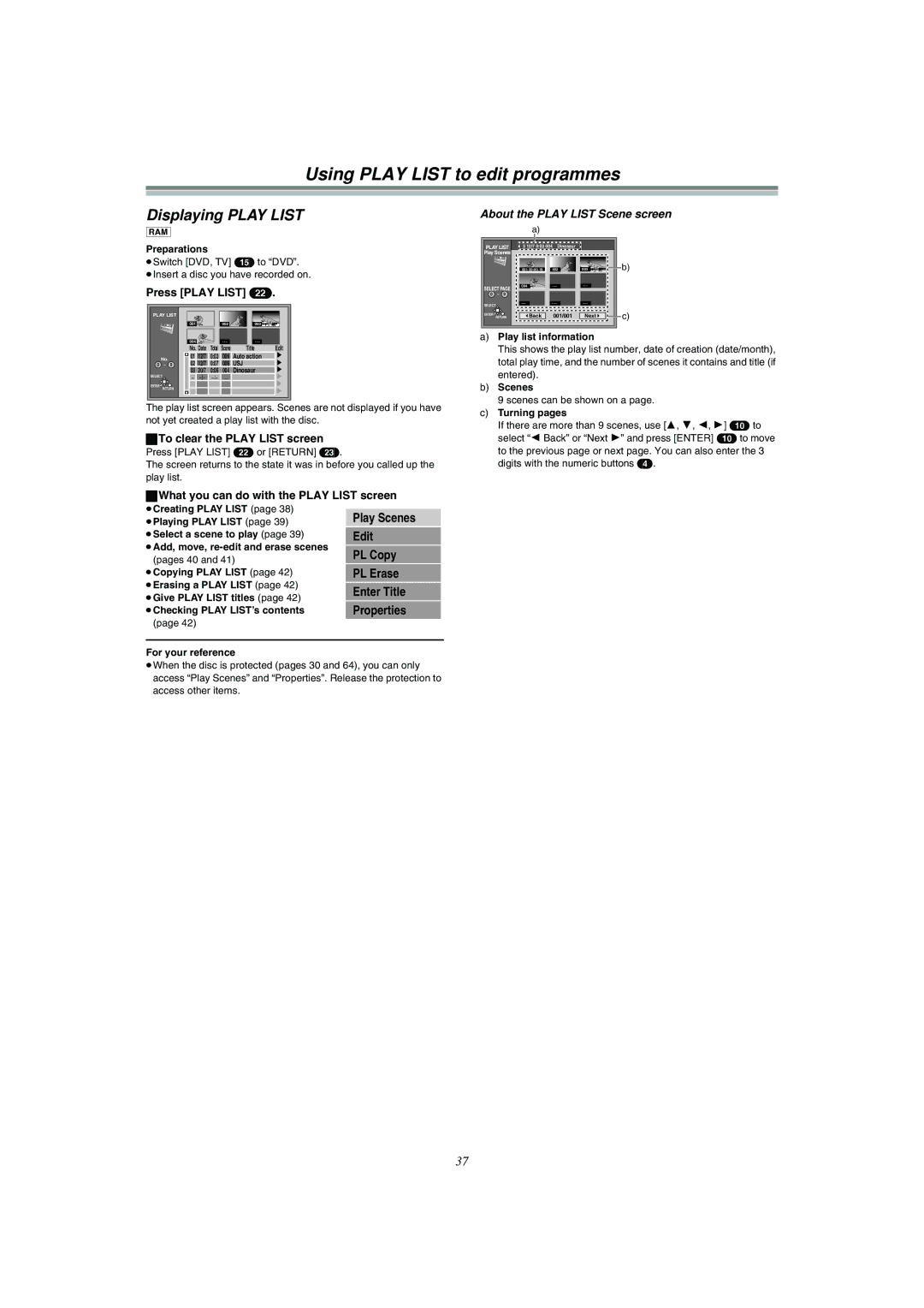 Panasonic DMR-E51 manual Using Play List to edit programmes, Displaying Play List, About the Play List Scene screen 