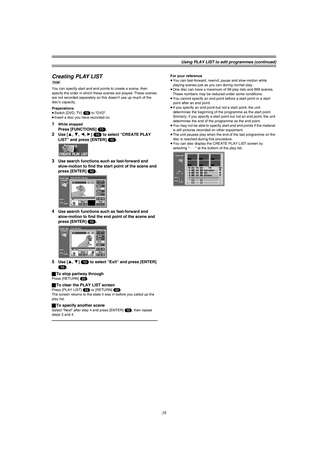 Panasonic DMR-E51 manual Creating Play List, Using Play List to edit programmes, To specify another scene 