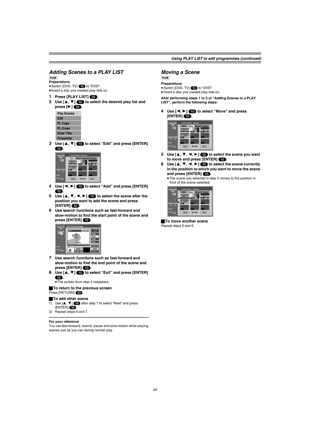 Panasonic DMR-E51 manual Adding Scenes to a Play List, Moving a Scene 