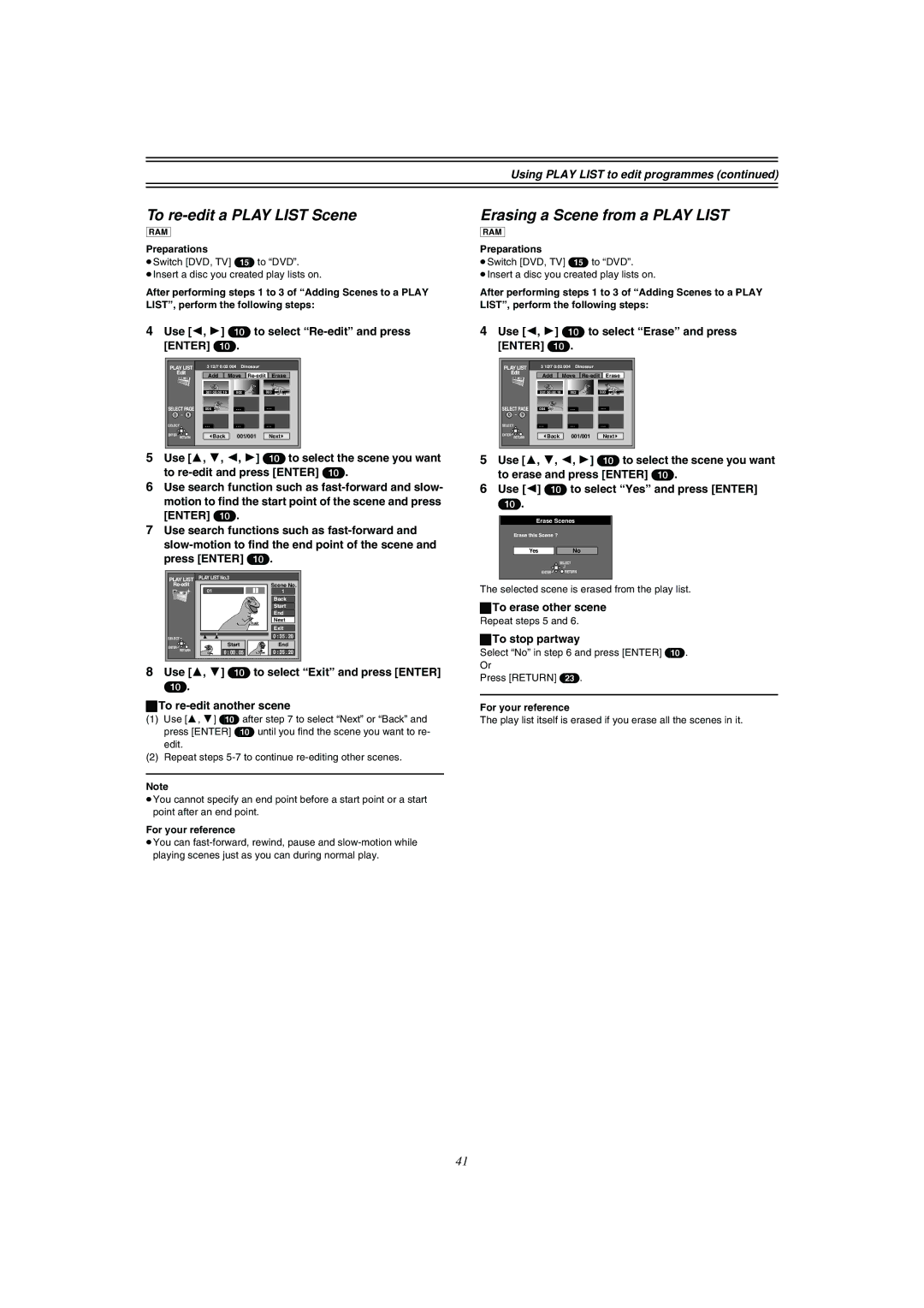 Panasonic DMR-E51 manual To re-edit a Play List Scene, Erasing a Scene from a Play List 