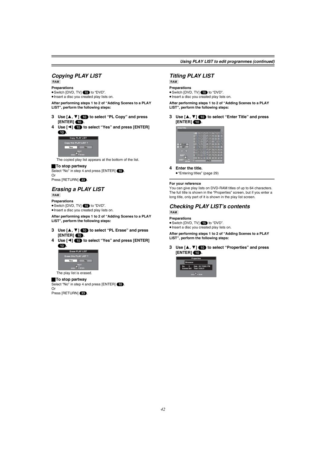 Panasonic DMR-E51 manual Copying Play List, Erasing a Play List, Titling Play List, Checking Play LIST’s contents 