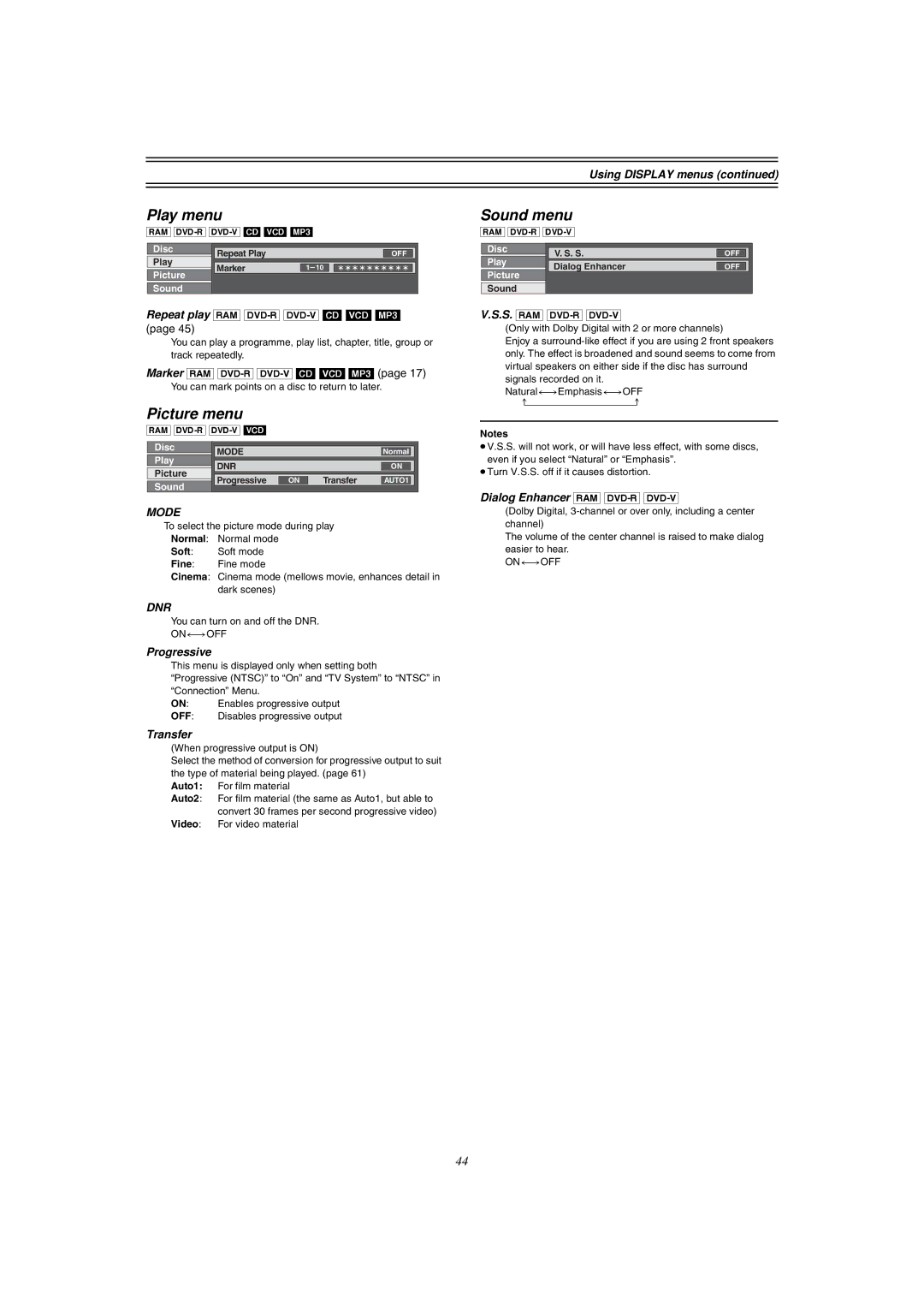 Panasonic DMR-E51 manual Play menu, Picture menu, Sound menu 