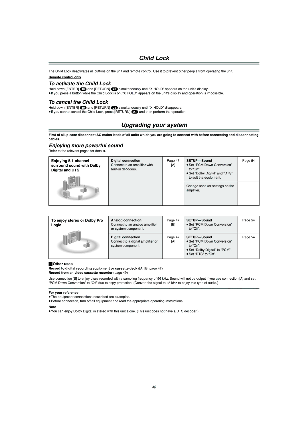 Panasonic DMR-E51 manual Upgrading your system, To activate the Child Lock, To cancel the Child Lock 