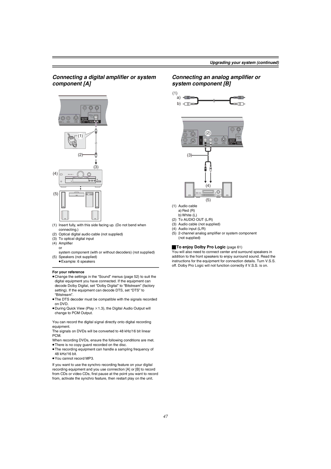 Panasonic DMR-E51 Connecting a digital amplifier or system component a, Upgrading your system, To enjoy Dolby Pro Logic 