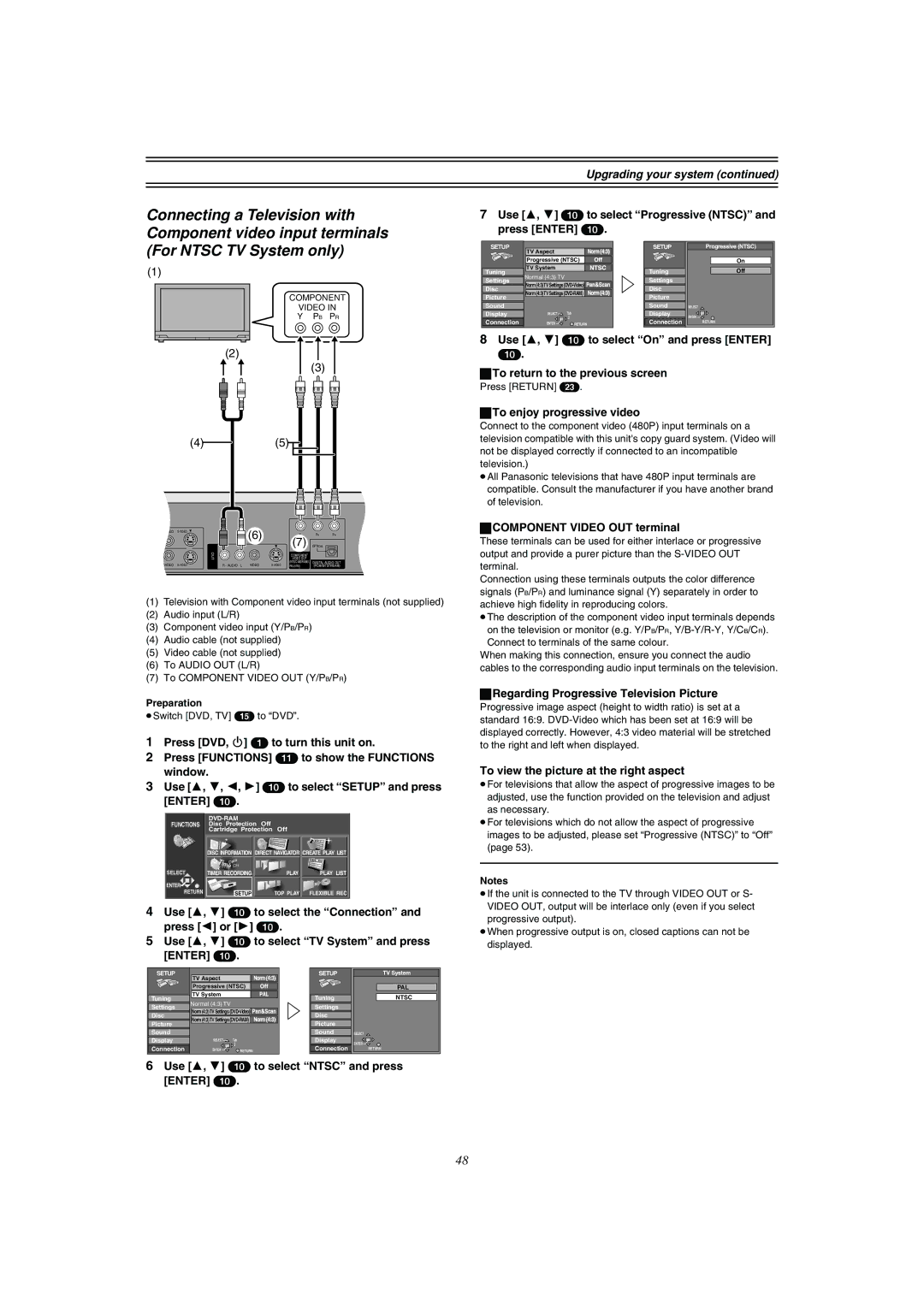 Panasonic DMR-E51 manual Use 3, 4 10 to select Ntsc and press Enter, Use 3, 4 10 to select Progressive Ntsc and press Enter 