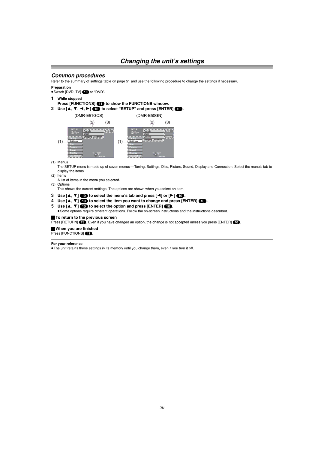 Panasonic DMR-E51 manual Changing the unit’s settings, Press Functions 