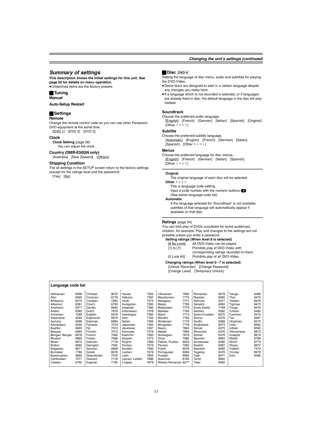 Panasonic DMR-E51 manual Summary of settings, Tuning, Settings, Changing the unit’s settings 