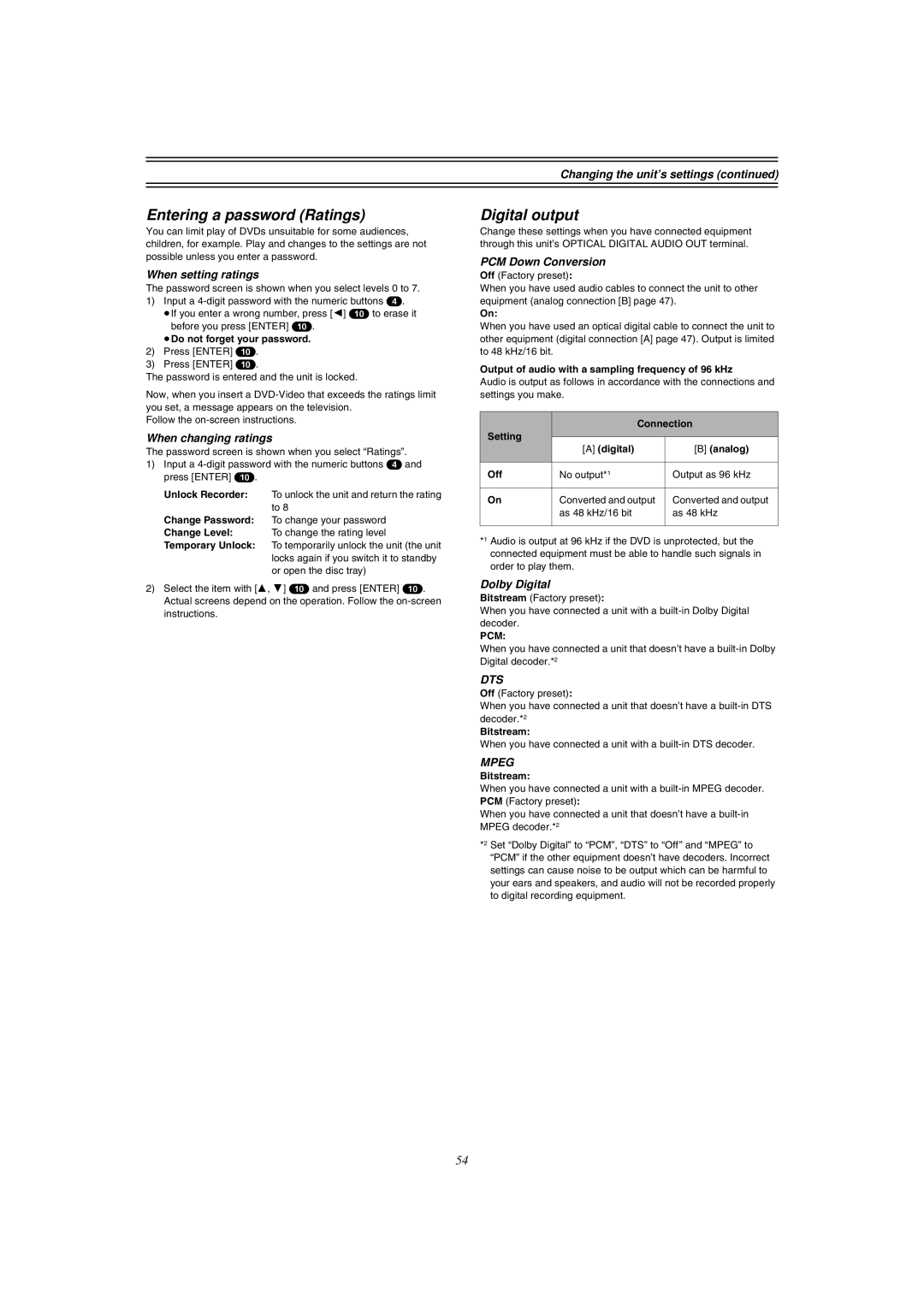 Panasonic DMR-E51 manual Entering a password Ratings, Digital output 