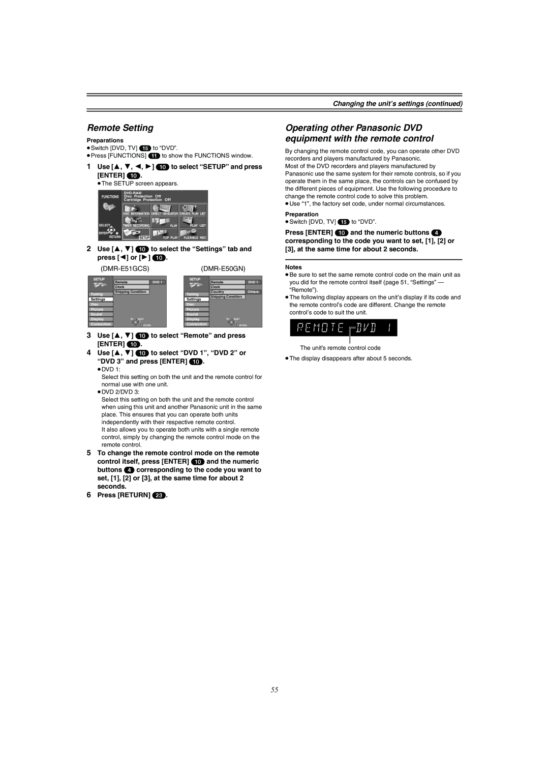 Panasonic DMR-E51 manual Remote Setting, Use 3, 4 10 to select the Settings tab and press 2 or 1, ≥The Setup screen appears 