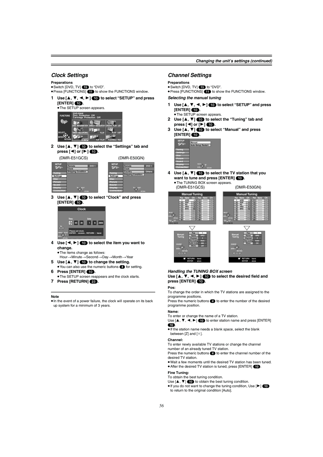 Panasonic DMR-E51 Clock Settings, Channel Settings, Selecting the manual tuning, Handling the Tuning BOX screen 