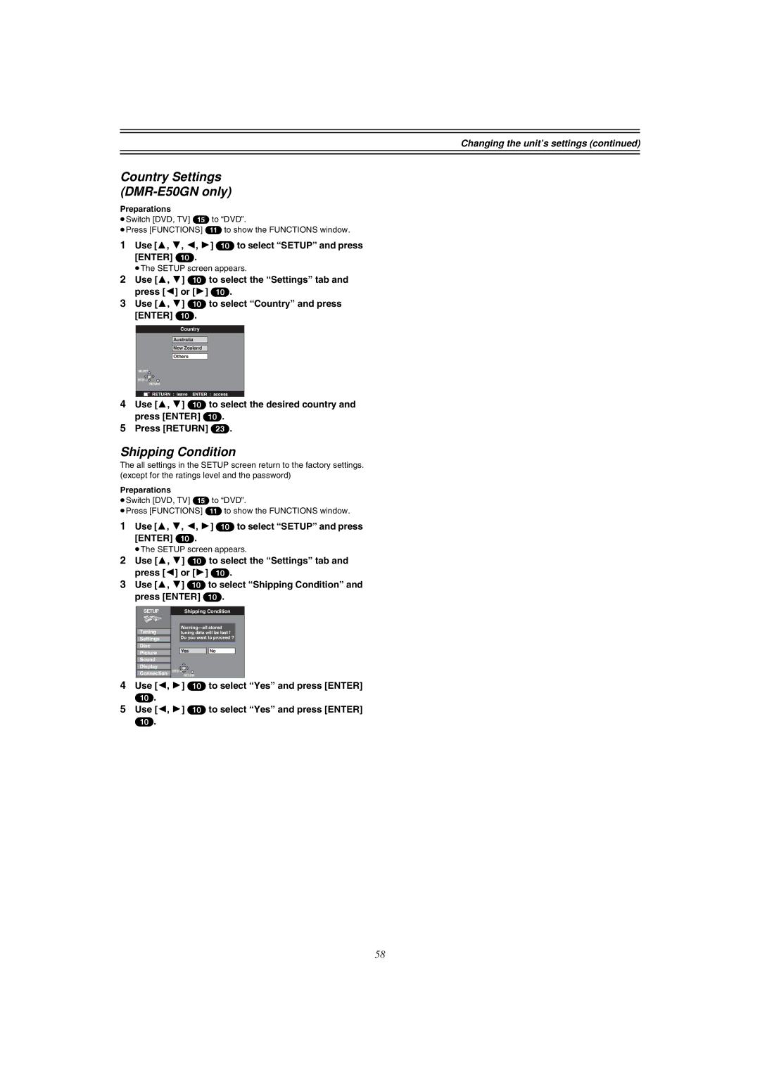 Panasonic DMR-E51 manual Country Settings DMR-E50GN only, Shipping Condition, Use 2, 1 10 to select Yes and press Enter 