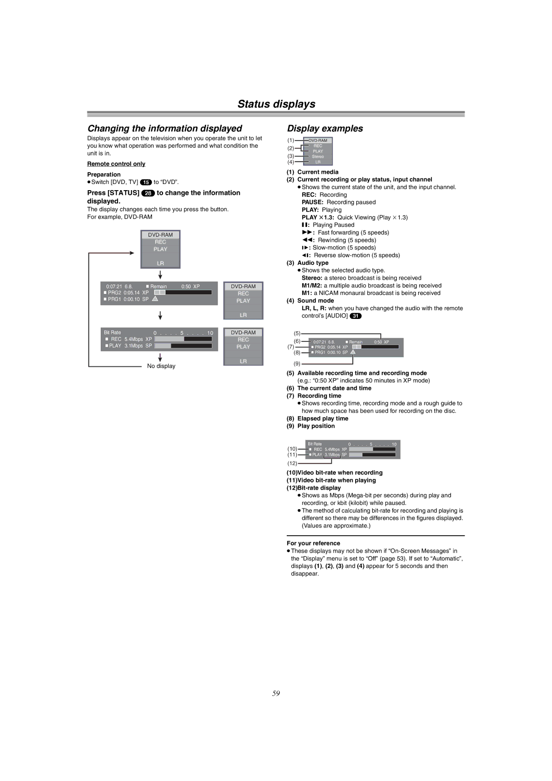 Panasonic DMR-E51 manual Status displays, Changing the information displayed, Display examples 