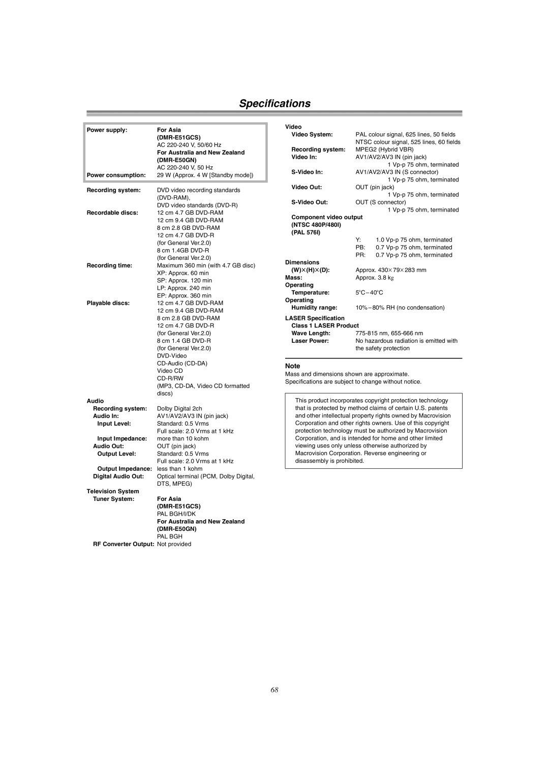 Panasonic manual Specifications, DMR-E51GCS, DMR-E50GN 