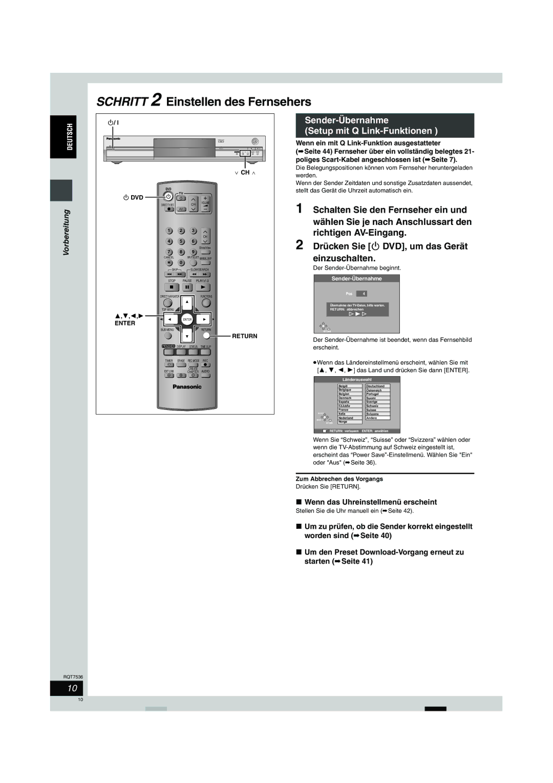 Panasonic DMR-E53 manual Sender-Übernahme, Setup mit Q Link-Funktionen 