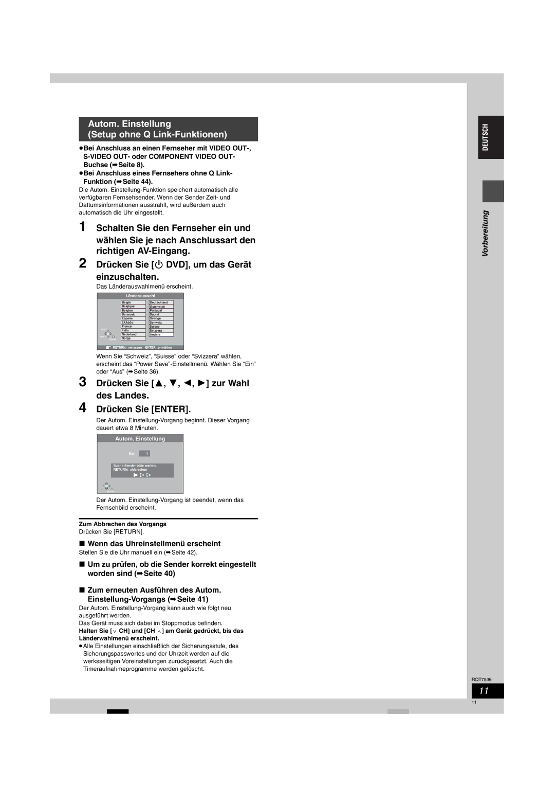 Panasonic DMR-E53 manual Autom. Einstellung Setup ohne Q Link-Funktionen, Das Länderauswahlmenü erscheint 