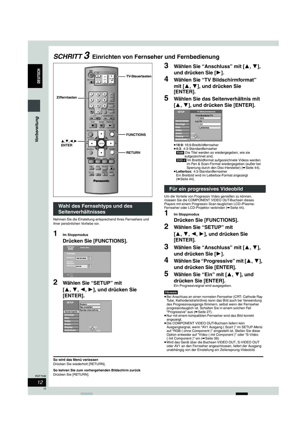 Panasonic DMR-E53 manual Schritt 3 Einrichten von Fernseher und Fernbedienung, Für ein progressives Videobild 