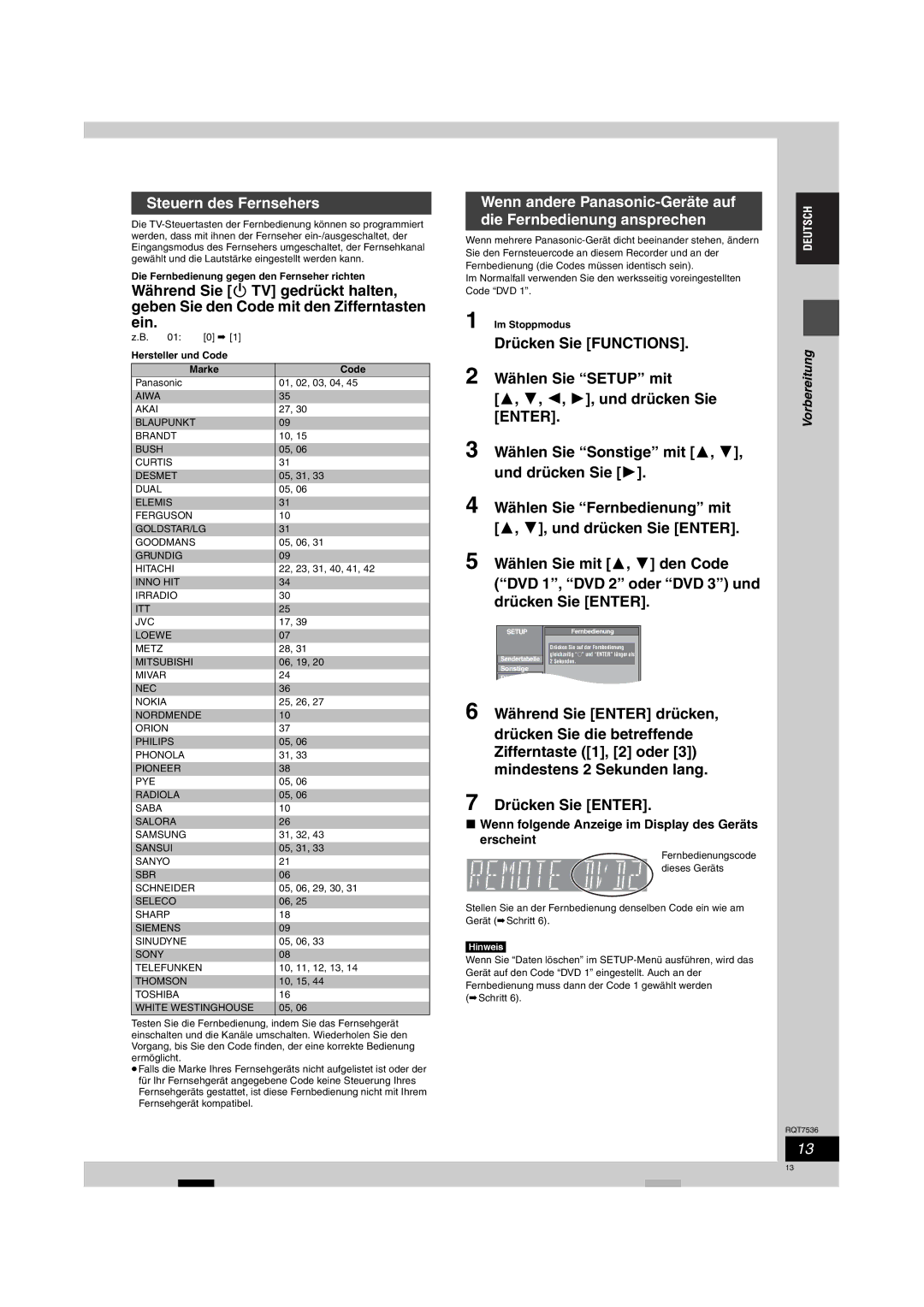 Panasonic DMR-E53 Steuern des Fernsehers, Wenn folgende Anzeige im Display des Geräts erscheint, Hersteller und Code Marke 