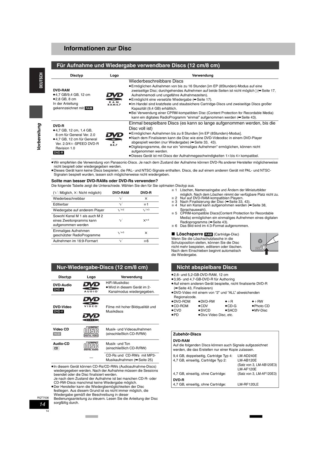 Panasonic DMR-E53 manual Informationen zur Disc, Für Aufnahme und Wiedergabe verwendbare Discs 12 cm/8 cm 