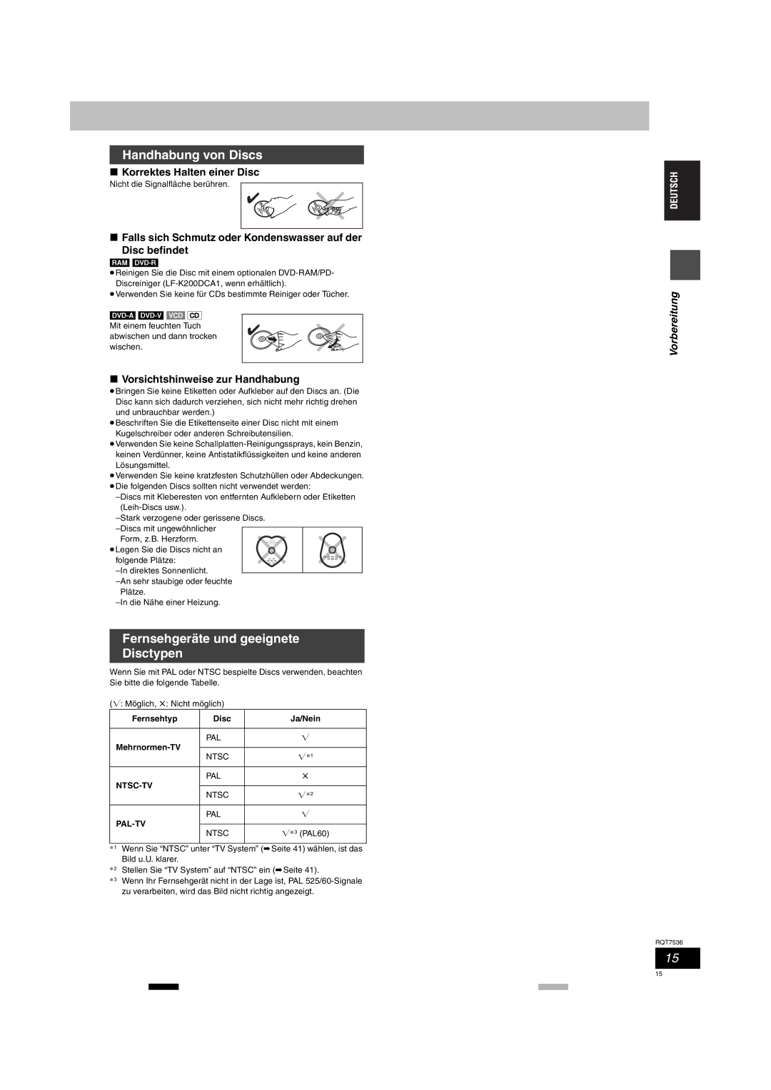 Panasonic DMR-E53 manual Handhabung von Discs, Fernsehgeräte und geeignete Disctypen, Korrektes Halten einer Disc 