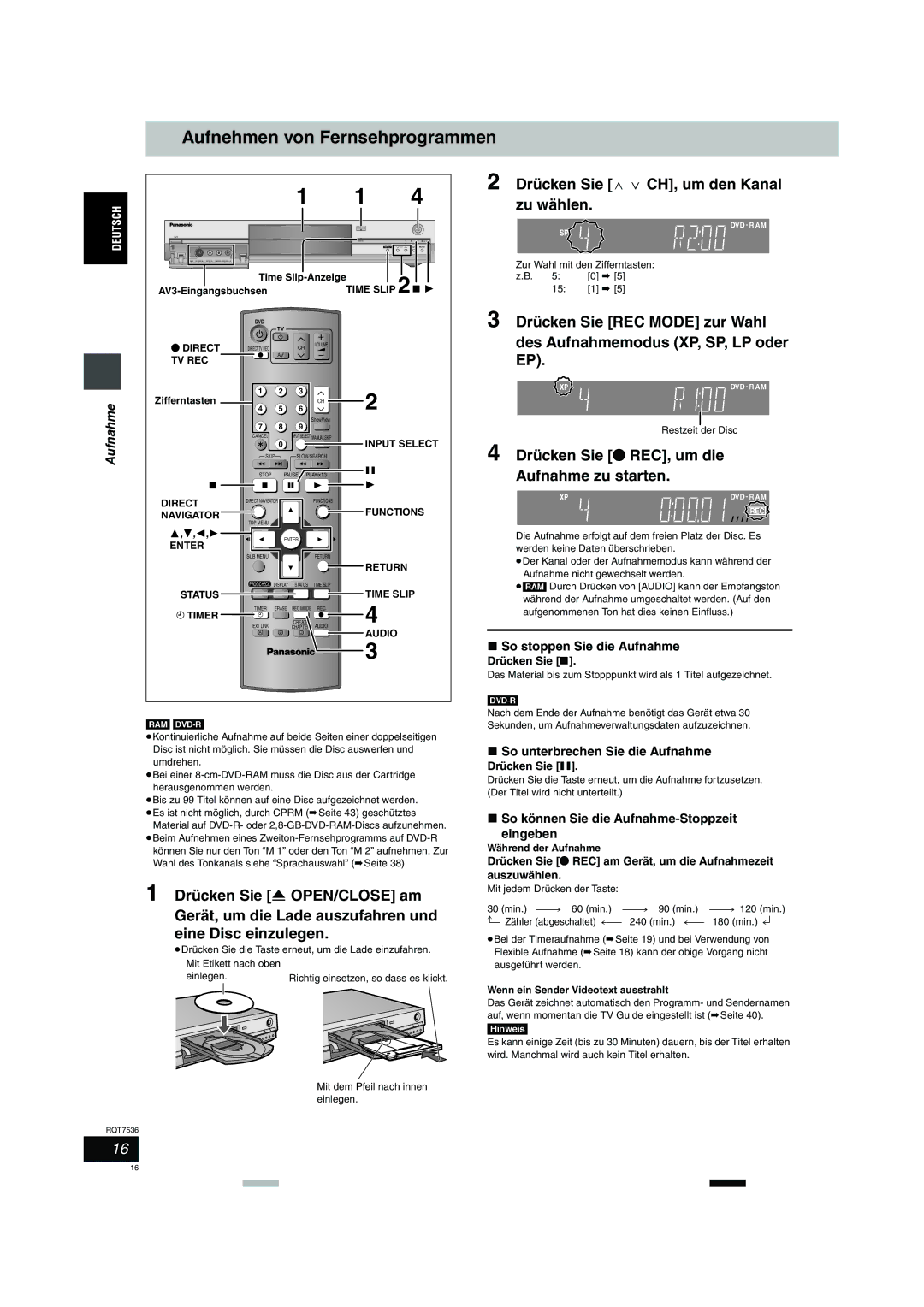 Panasonic DMR-E53 manual Aufnehmen von Fernsehprogrammen, Drücken Sie W X CH, um den Kanal zu wählen, Aufnahme 