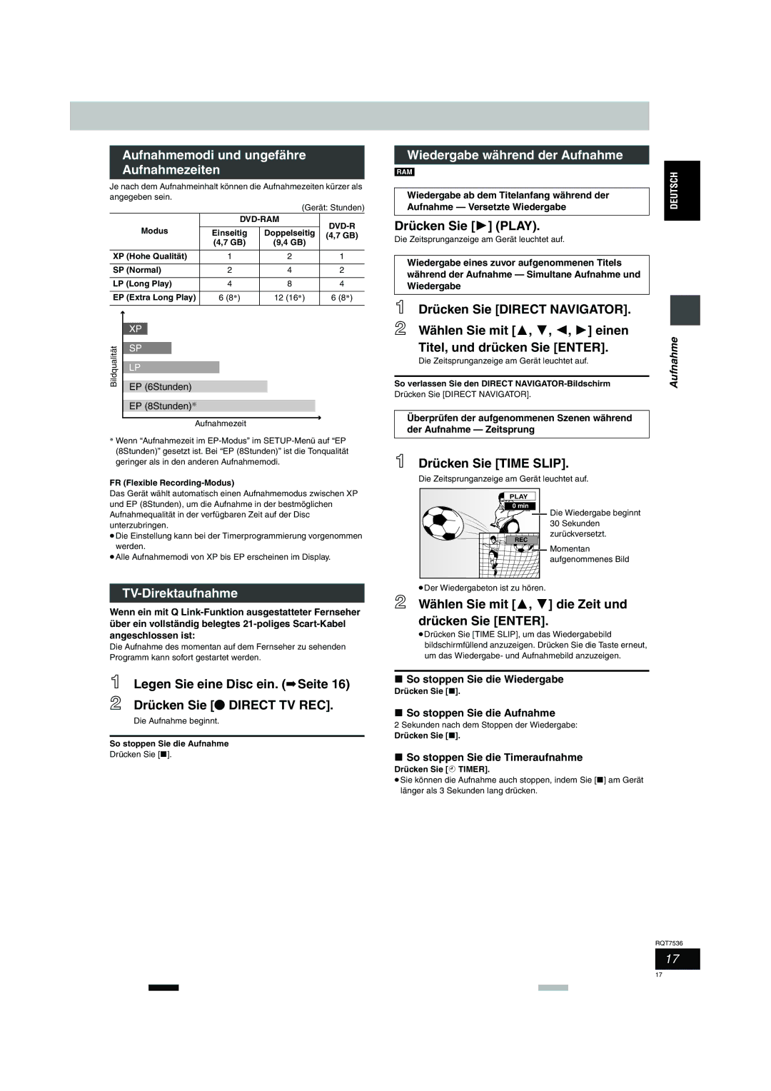 Panasonic DMR-E53 manual Aufnahmemodi und ungefähre Aufnahmezeiten, Wiedergabe während der Aufnahme, TV-Direktaufnahme 