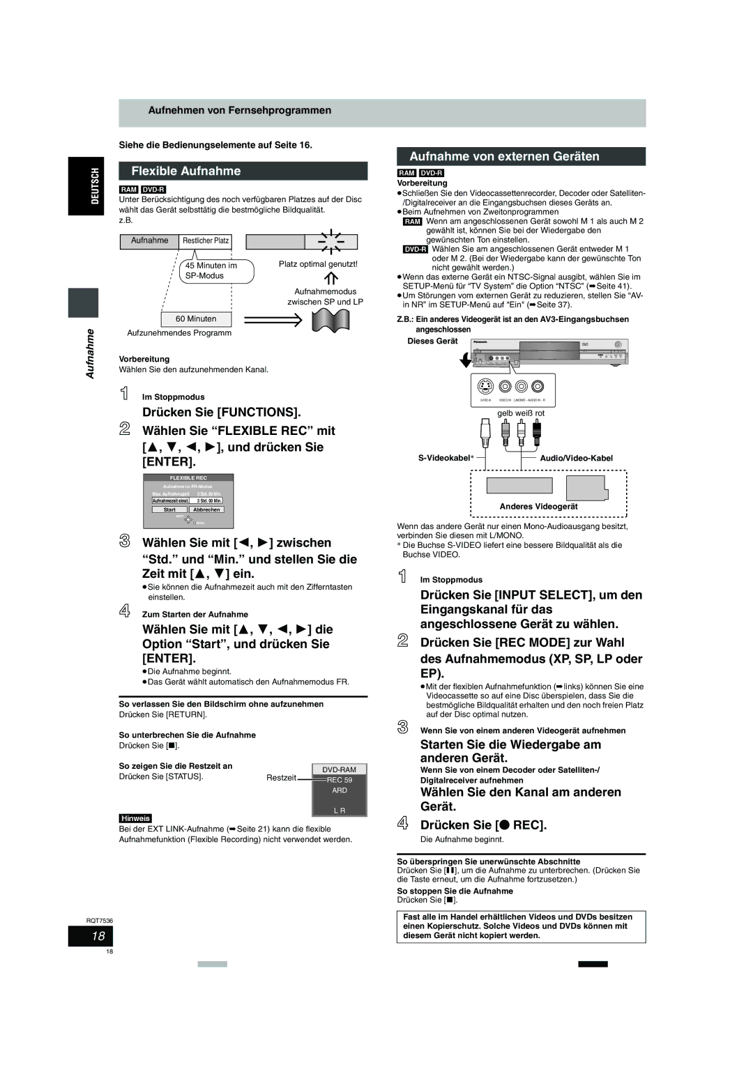 Panasonic DMR-E53 manual Flexible Aufnahme, Aufnahme von externen Geräten, Starten Sie die Wiedergabe am anderen Gerät 