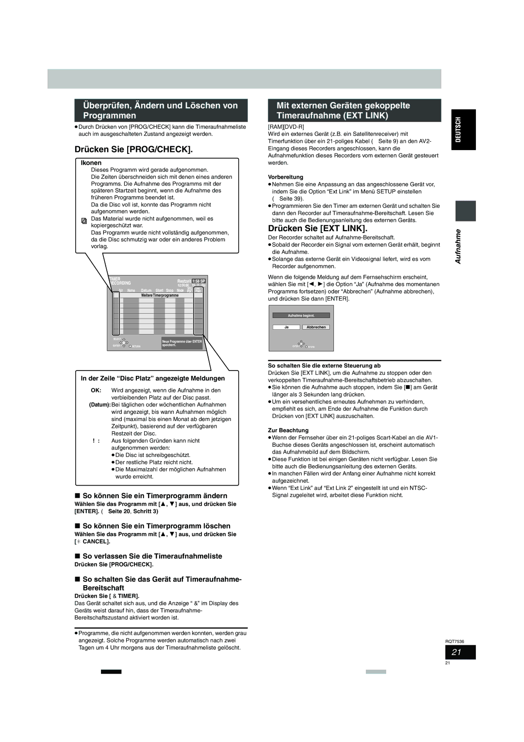 Panasonic DMR-E53 Überprüfen, Ändern und Löschen von Programmen, Mit externen Geräten gekoppelte Timeraufnahme EXT Link 