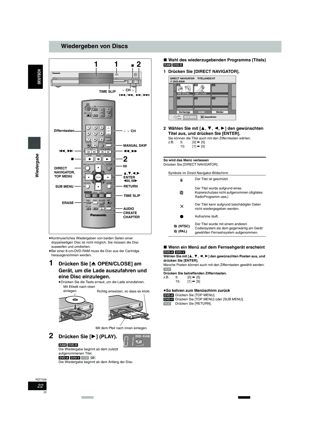 Panasonic DMR-E53 manual Wiedergeben von Discs, Wiedergabe, Wahl des wiederzugebenden Programms Titels 