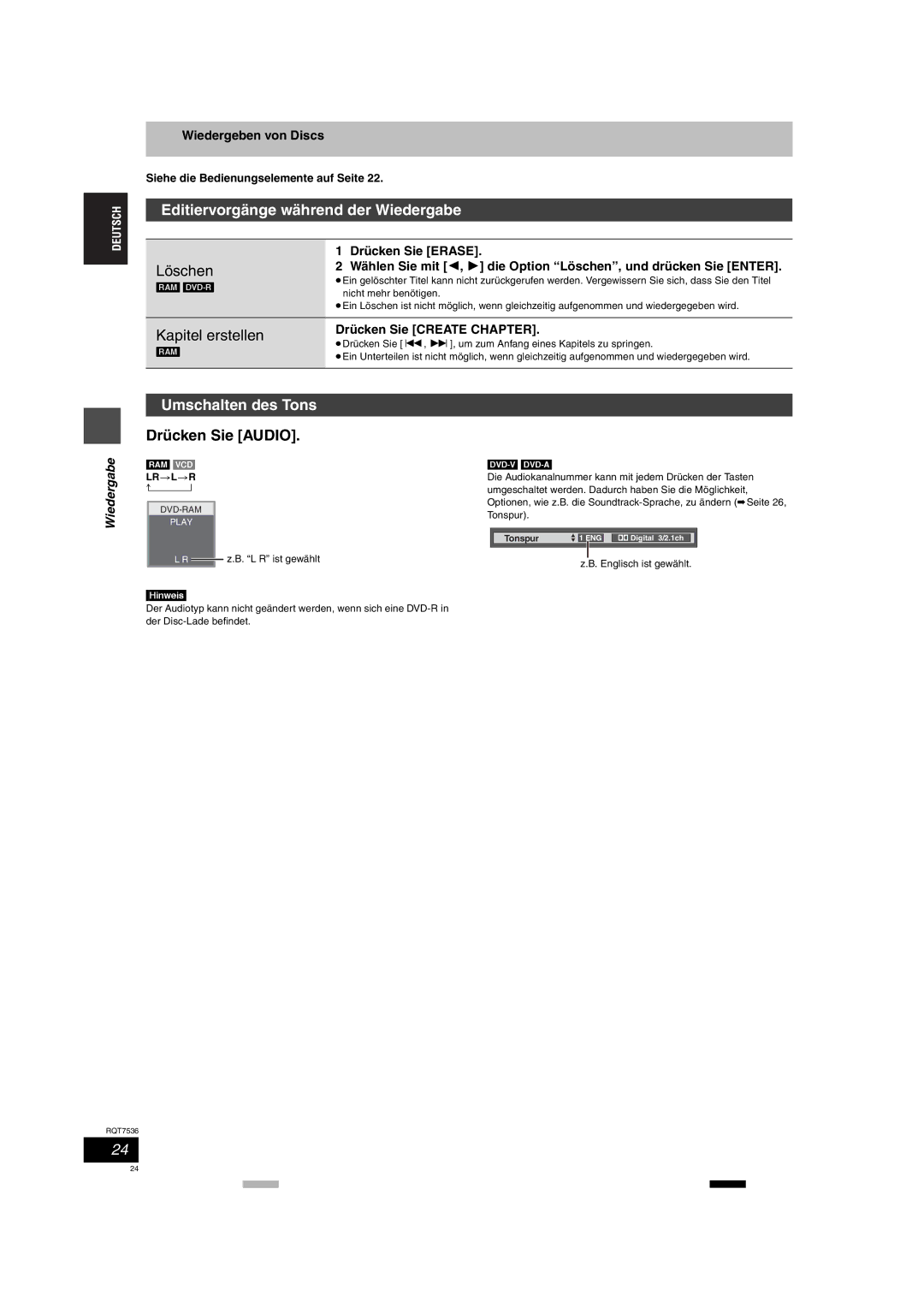 Panasonic DMR-E53 manual Editiervorgänge während der Wiedergabe, Umschalten des Tons, Drücken Sie Audio, Drücken Sie Erase 