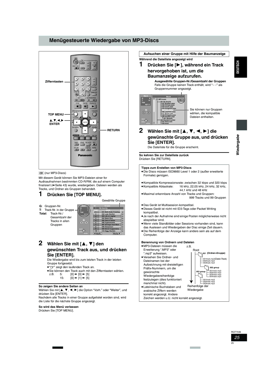 Panasonic DMR-E53 manual Menügesteuerte Wiedergabe von MP3-Discs 