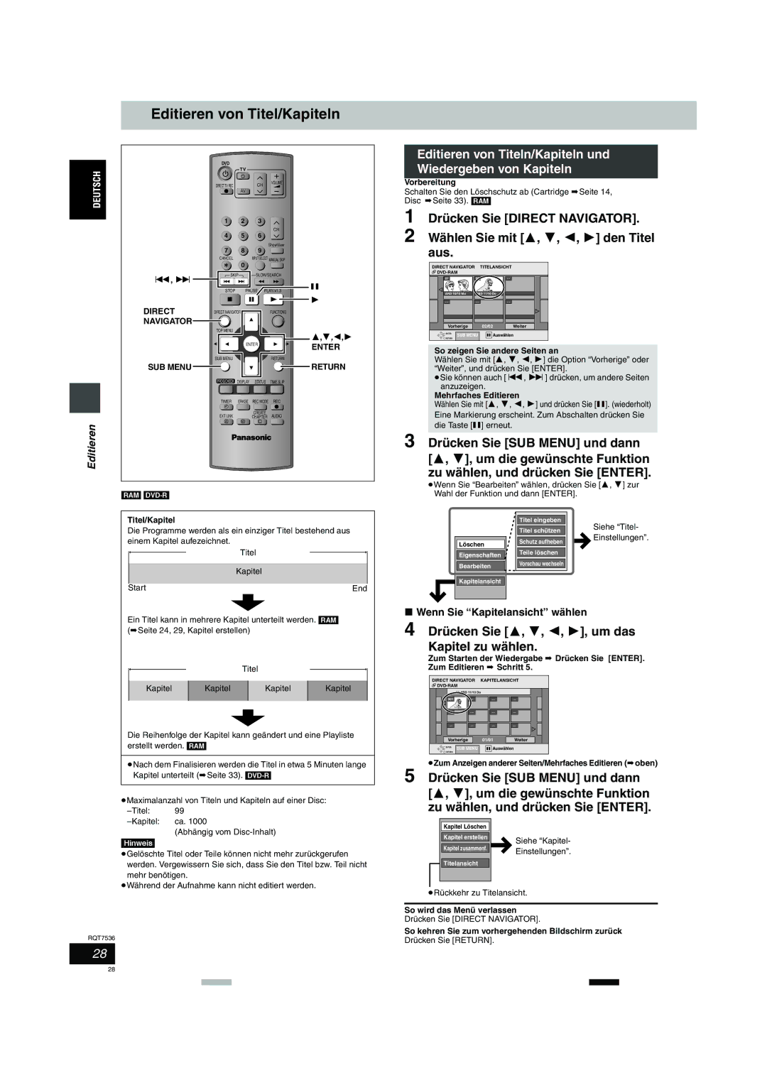 Panasonic DMR-E53 manual Editieren von Titel/Kapiteln, Editieren von Titeln/Kapiteln und Wiedergeben von Kapiteln 