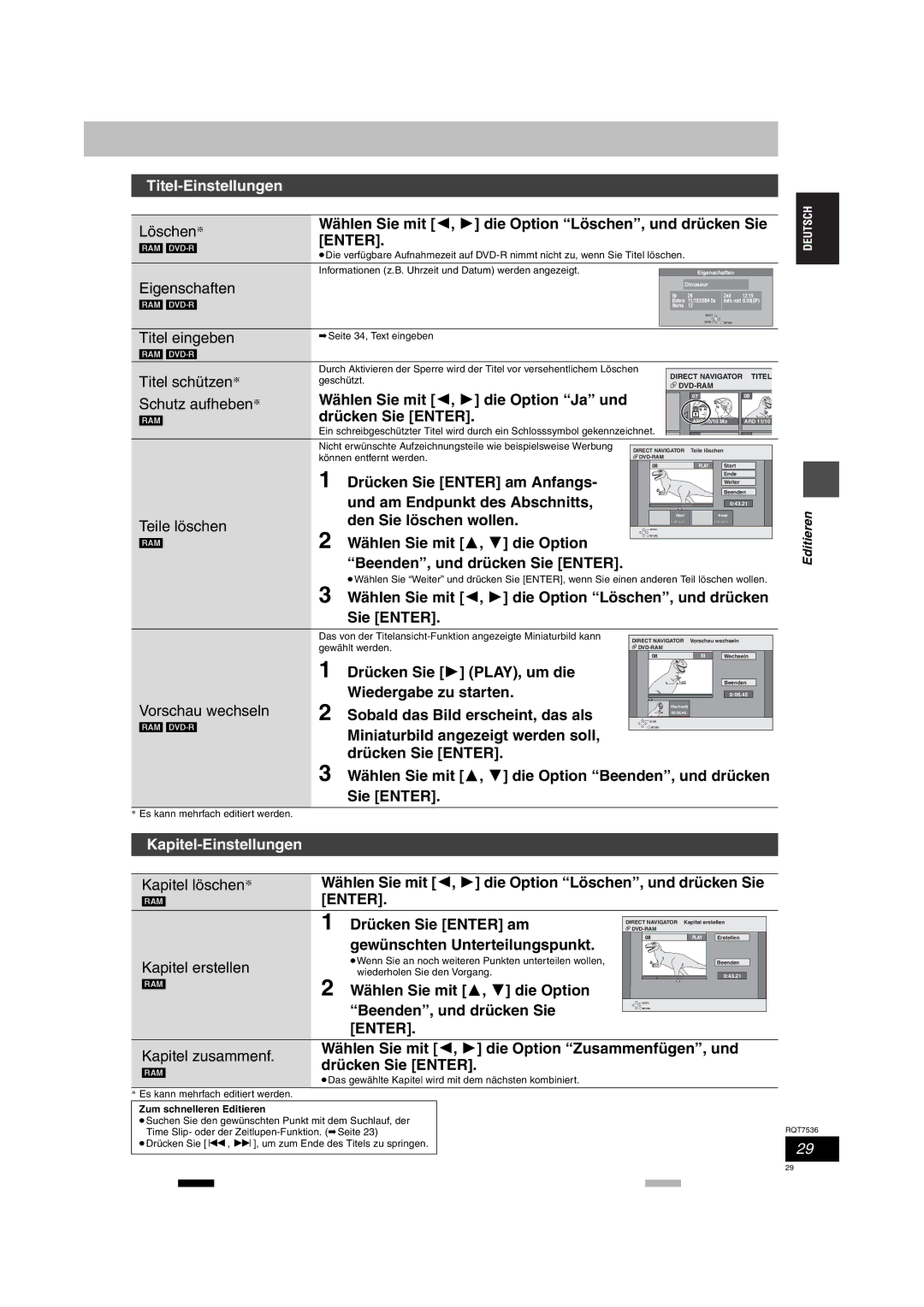 Panasonic DMR-E53 Eigenschaften, Titel eingeben, Titel schützen§, Schutz aufheben§ Wählen Sie mit 2, 1 die Option Ja und 