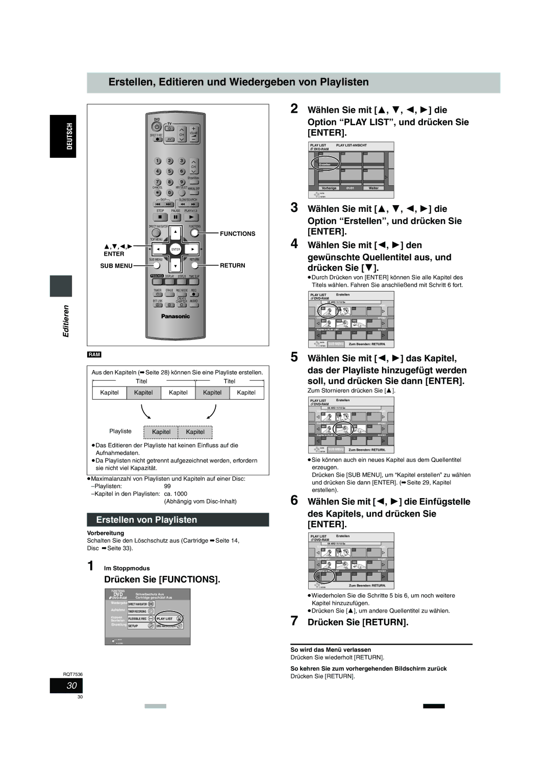 Panasonic DMR-E53 manual Erstellen, Editieren und Wiedergeben von Playlisten, Erstellen von Playlisten, Drücken Sie Return 