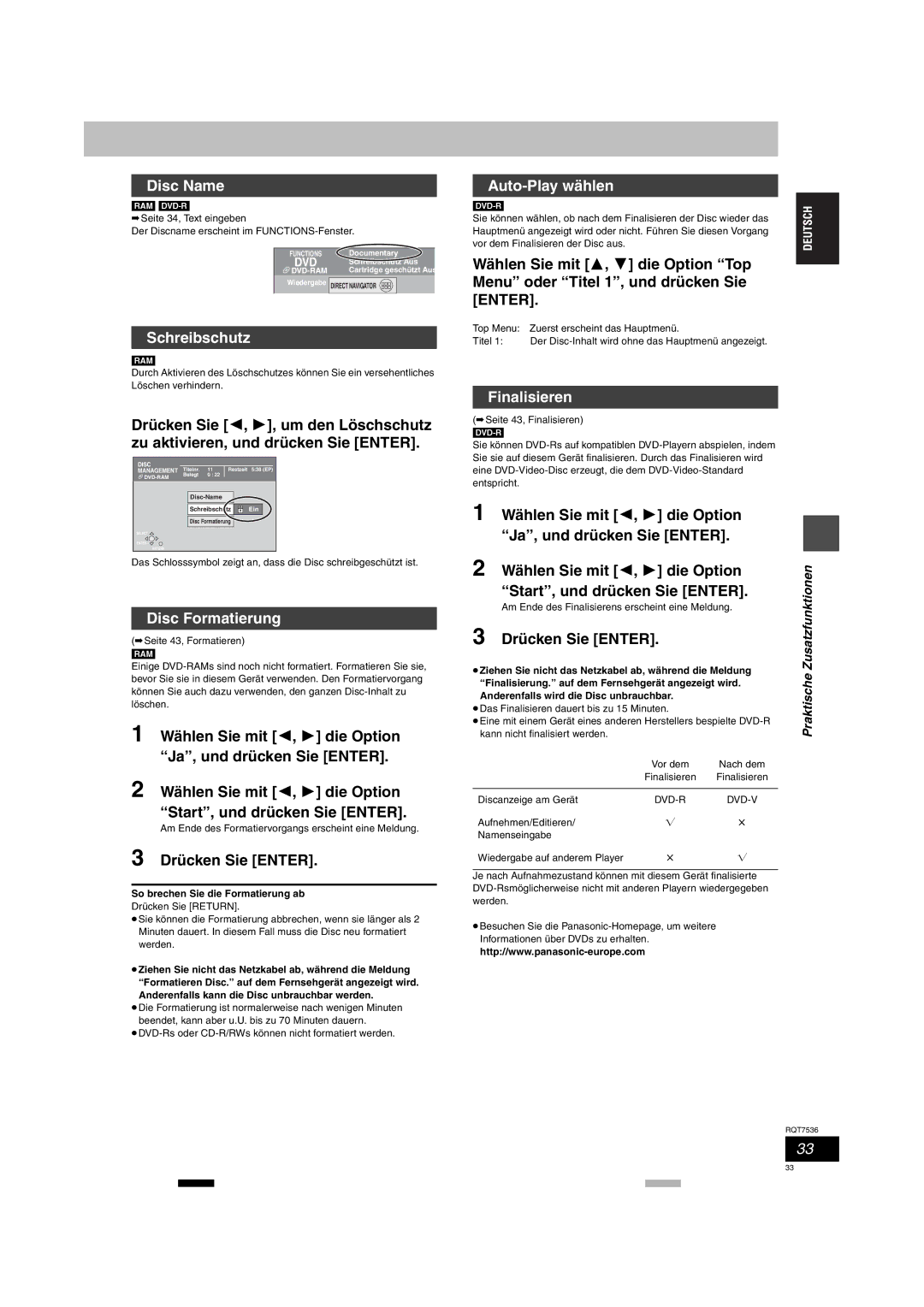 Panasonic DMR-E53 manual Disc Name, Schreibschutz, Disc Formatierung, Auto-Play wählen, Finalisieren 