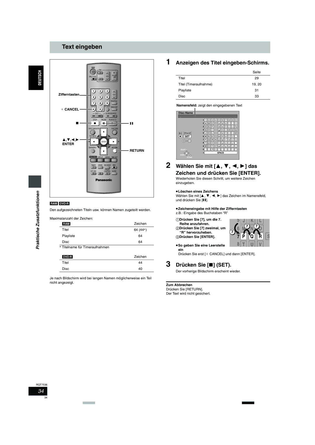 Panasonic DMR-E53 manual Text eingeben, Anzeigen des Titel eingeben-Schirms, Drücken Sie SET 