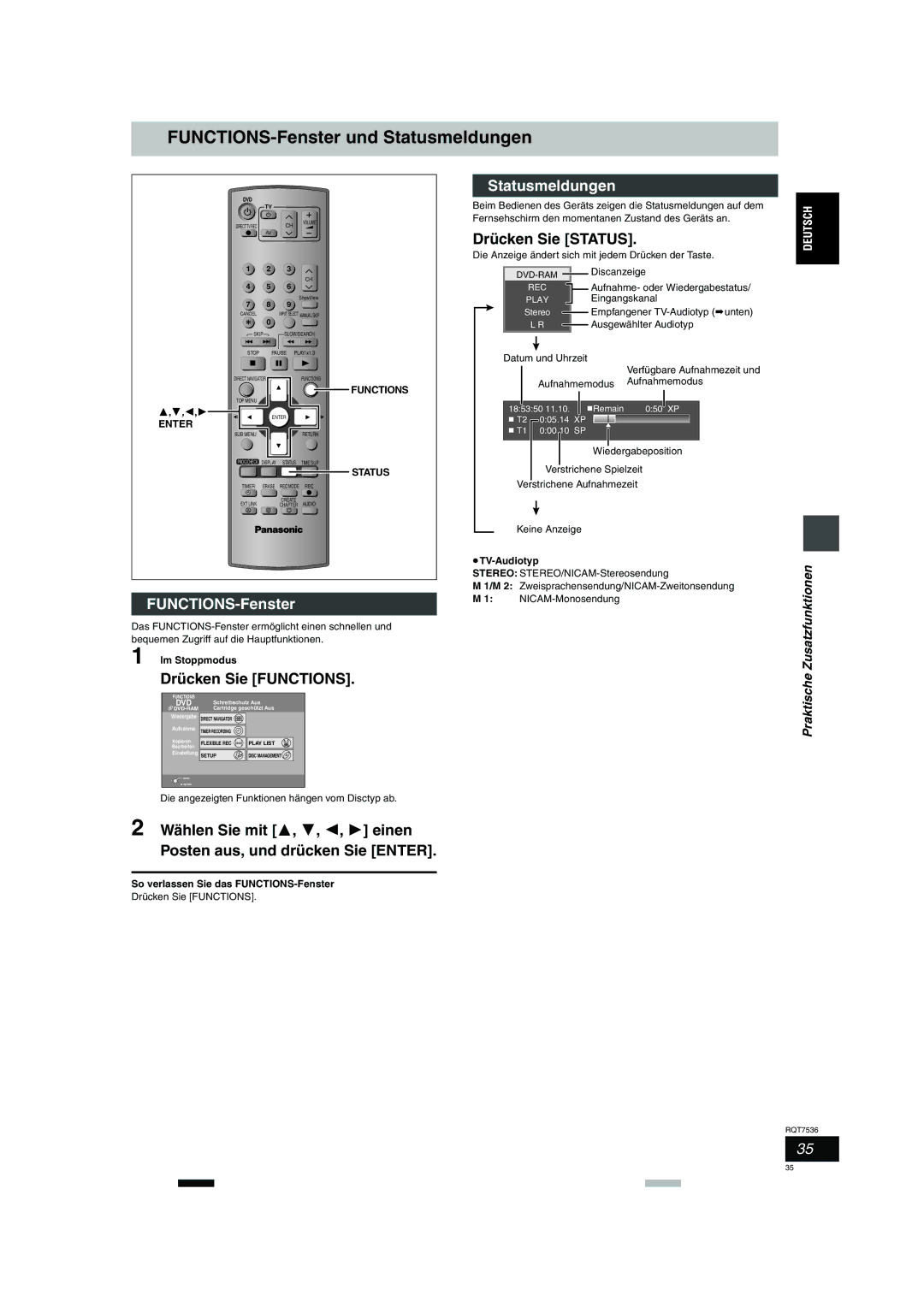 Panasonic DMR-E53 manual FUNCTIONS-Fenster und Statusmeldungen, Drücken Sie Status 