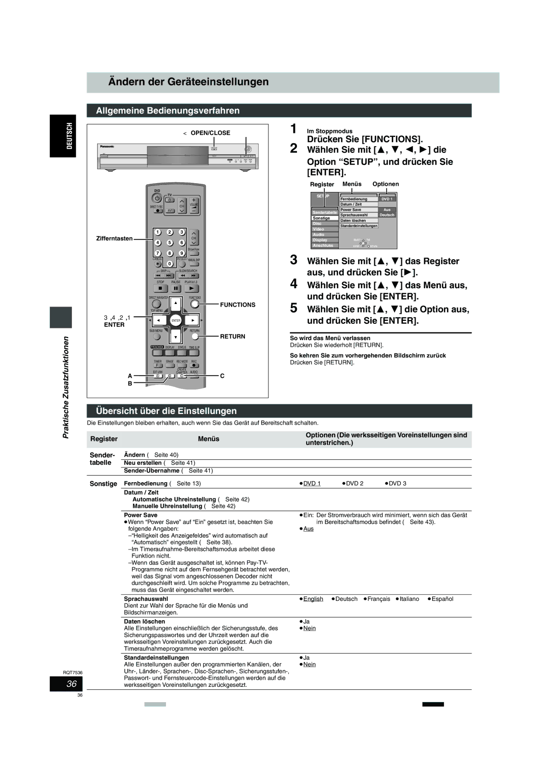 Panasonic DMR-E53 manual Ändern der Geräteeinstellungen, Übersicht über die Einstellungen 