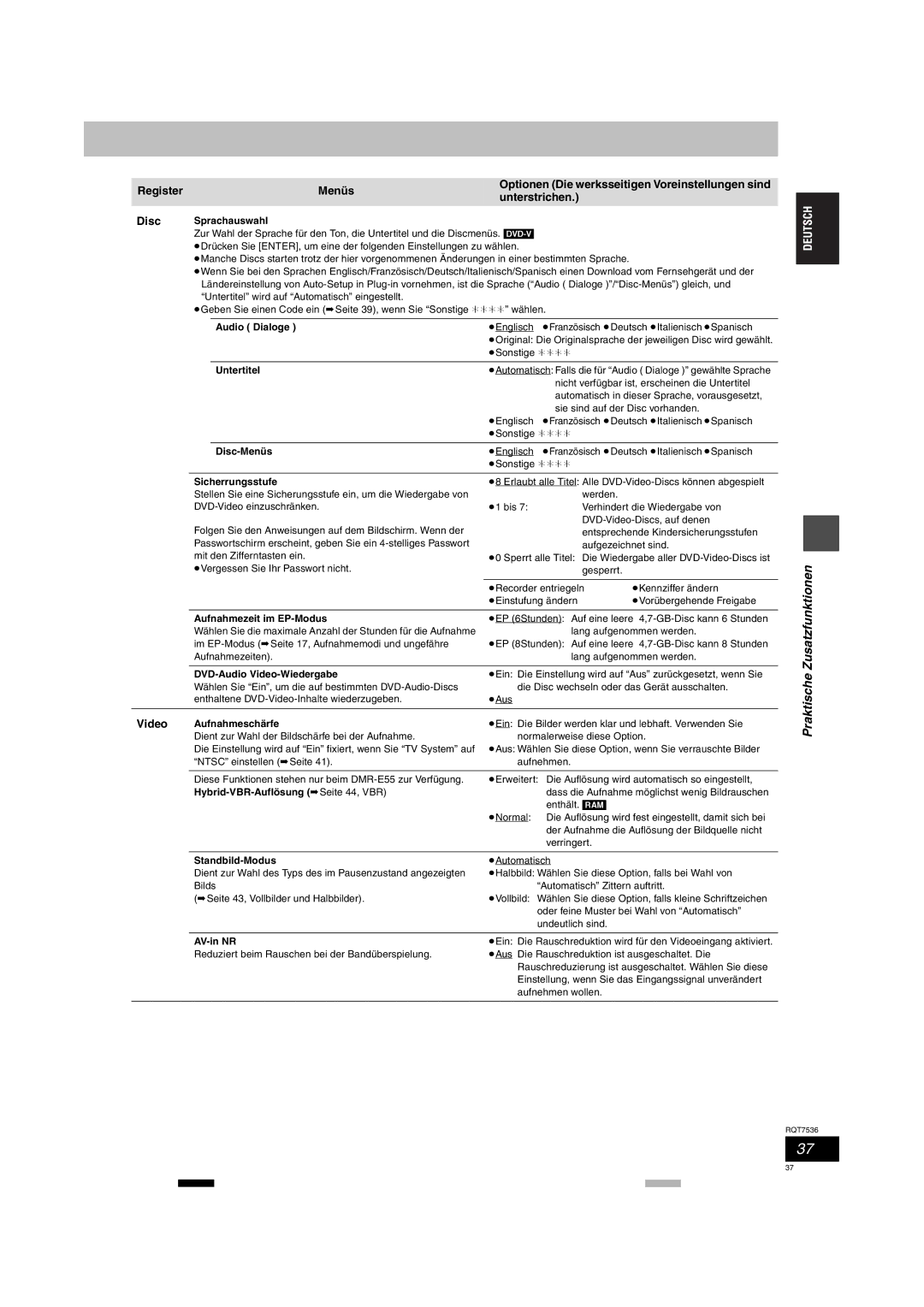 Panasonic DMR-E53 manual RegisterMenüs, Video 